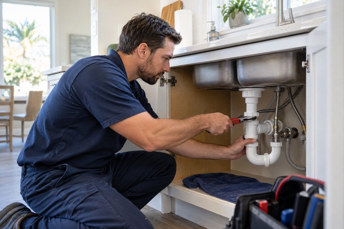 Professional plumber repairing the plumbing beneath a kitchen sink