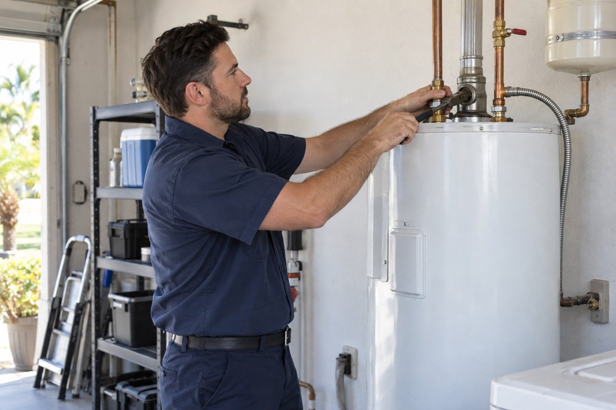 Professional plumber servicing a residential water heater